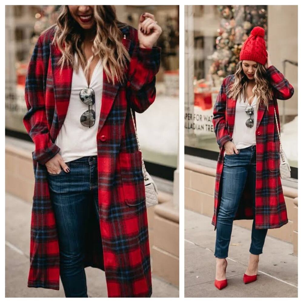 LEITH Tartan Plaid Coat Oversized Single Button Longline Duster Jacket XS